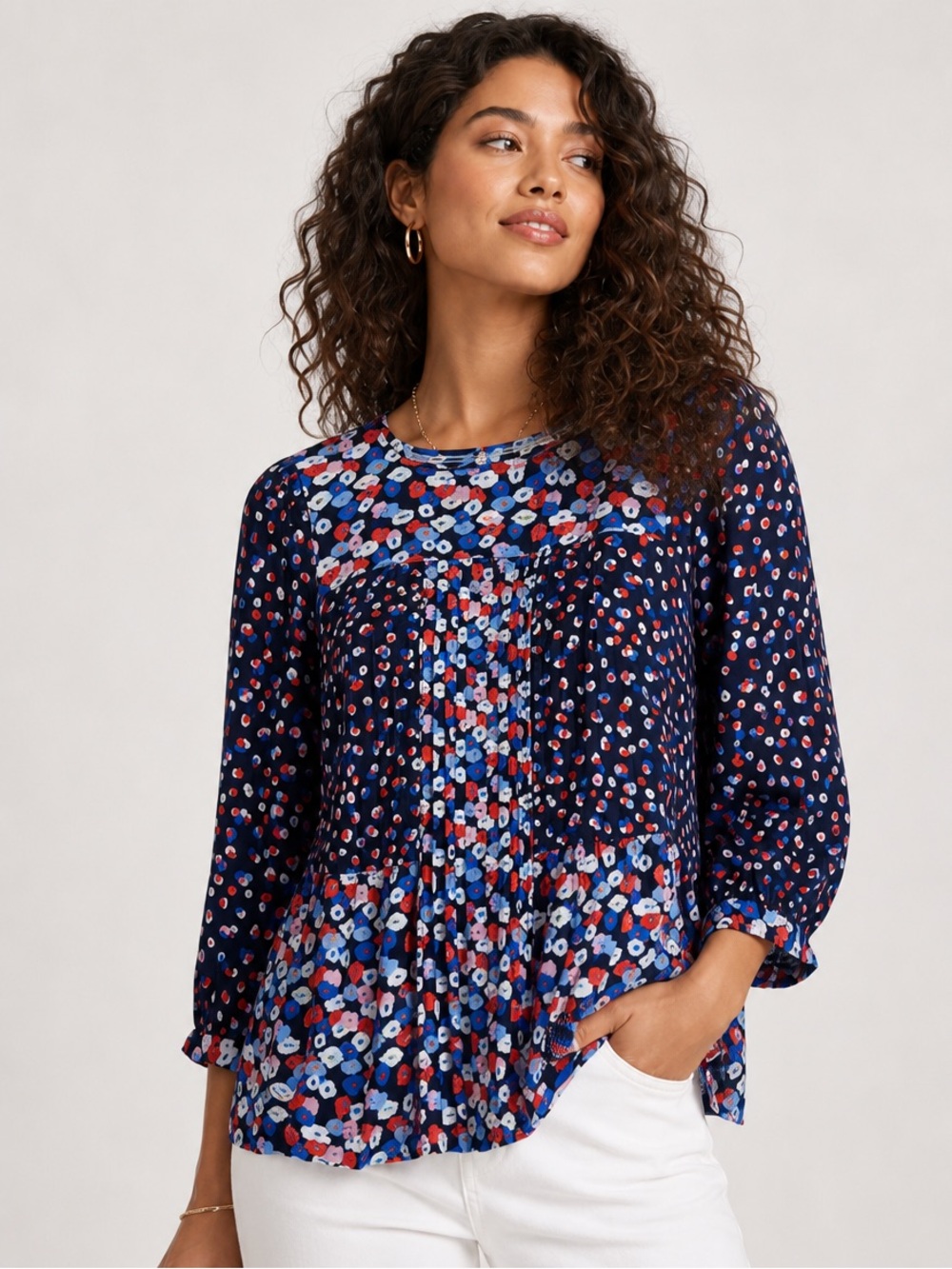 Boden Hopscotch Navy Poppy Meadow Pintuck Blouse. 100% Viscose